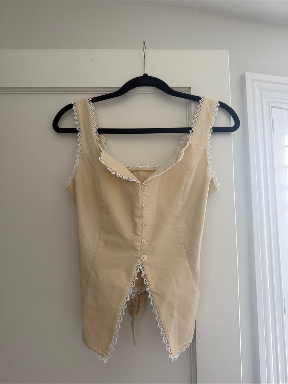 Pale Yellow Lace-Trim Button Front Tank